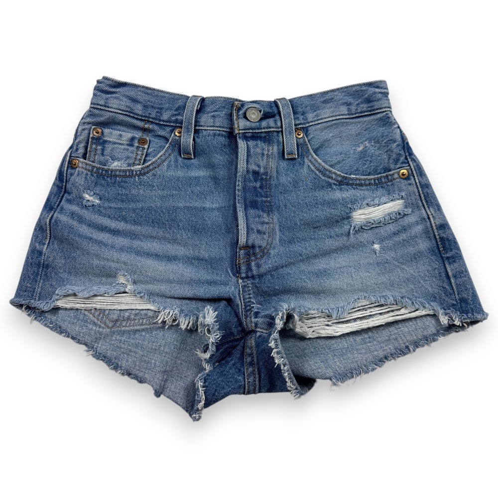 Levis 501 Original Distressed Denim Shorts Women W25 Medium Wash Cut Off Blue